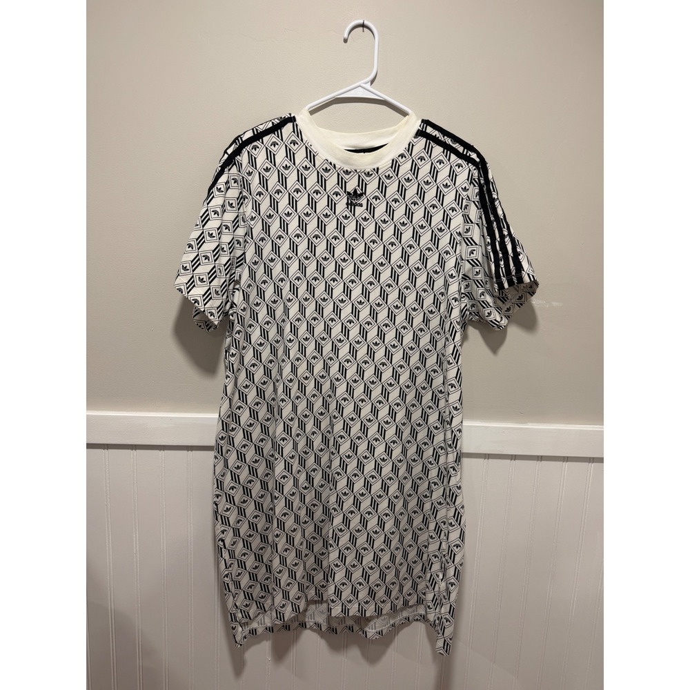 Adidas Short Sleeve Shirt Dress Logo Streetwear White Black Women Size Large